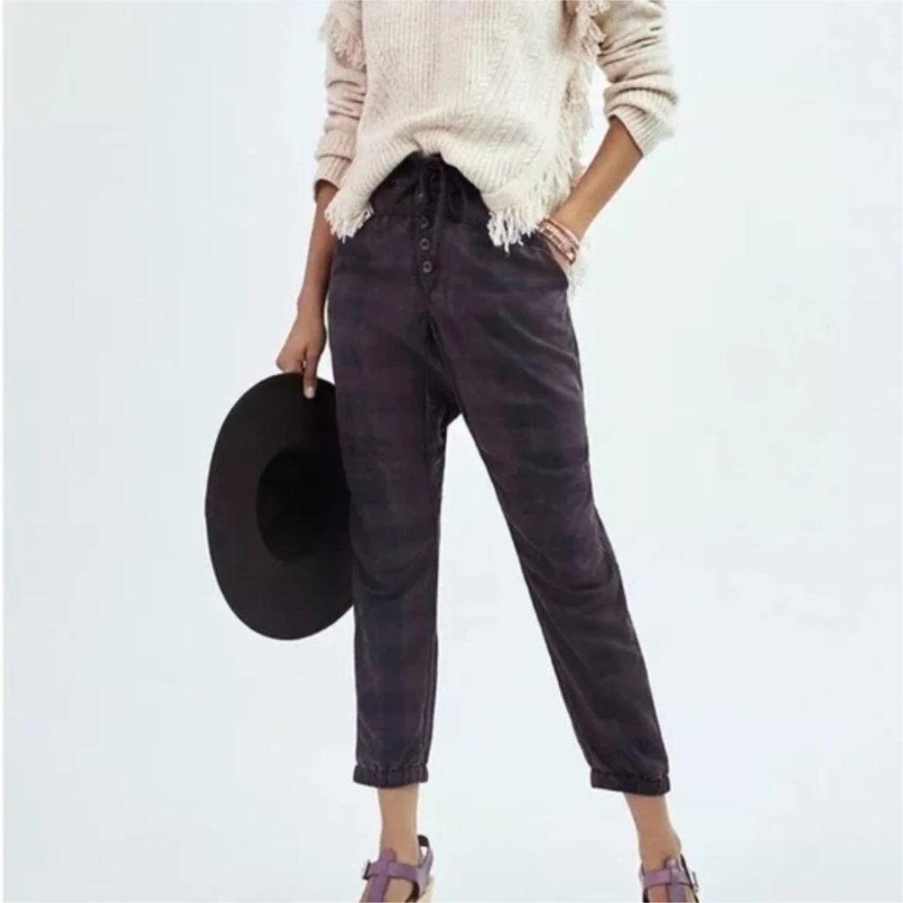 Anthropologie Jacque Plaid Button Fly Jogger Pants Boho size XS NWT Pockets